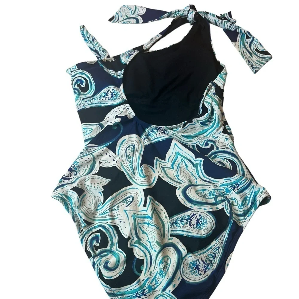 Swim Solution One Shoulder Navy Paisley One Piece Swimsuit Tummy Enhancer - Picture 13 of 15